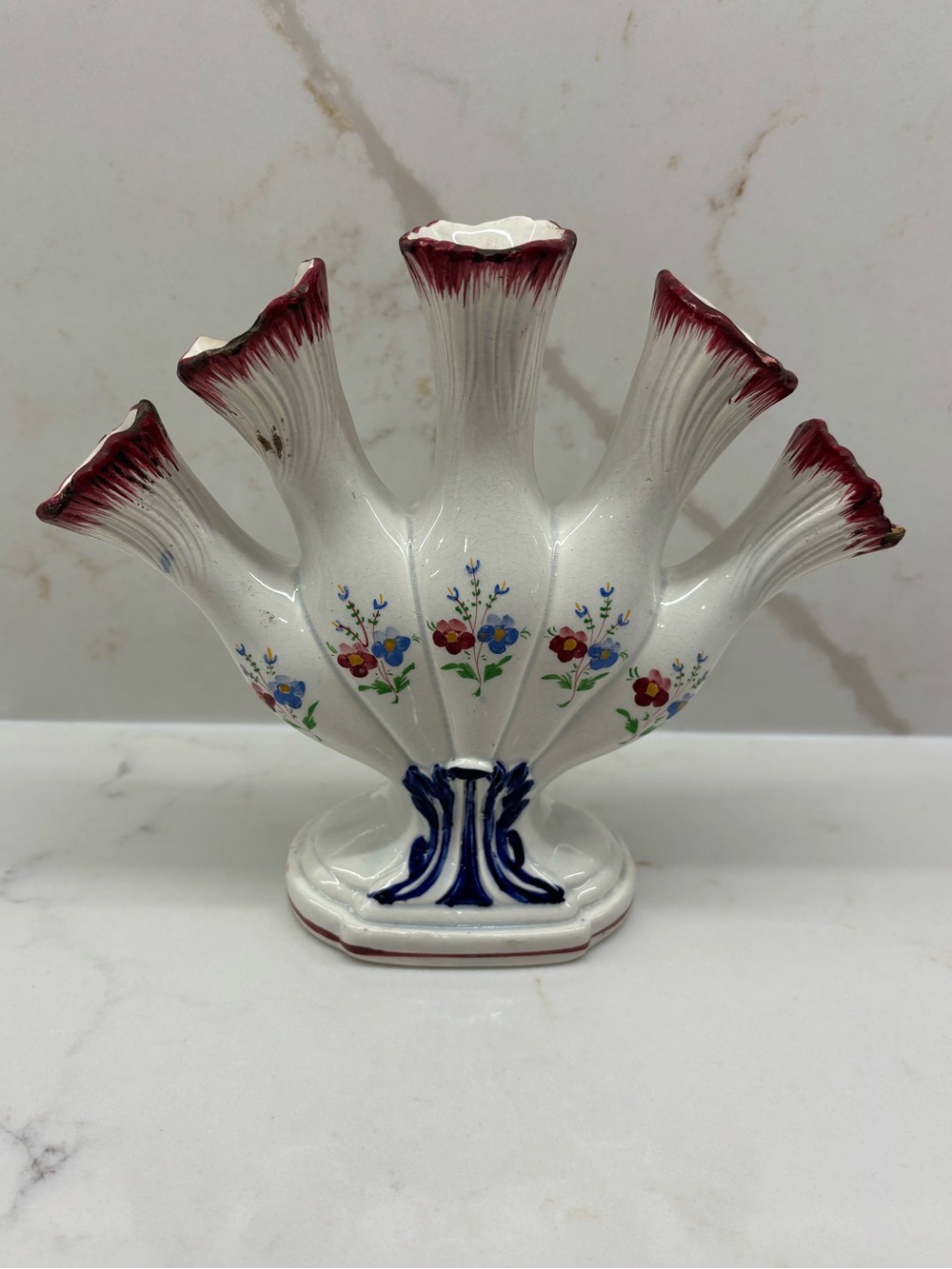 Vintage Ceramic Five Finger Tulipiere Fan Vase Hand-painted with Ruffled Edge